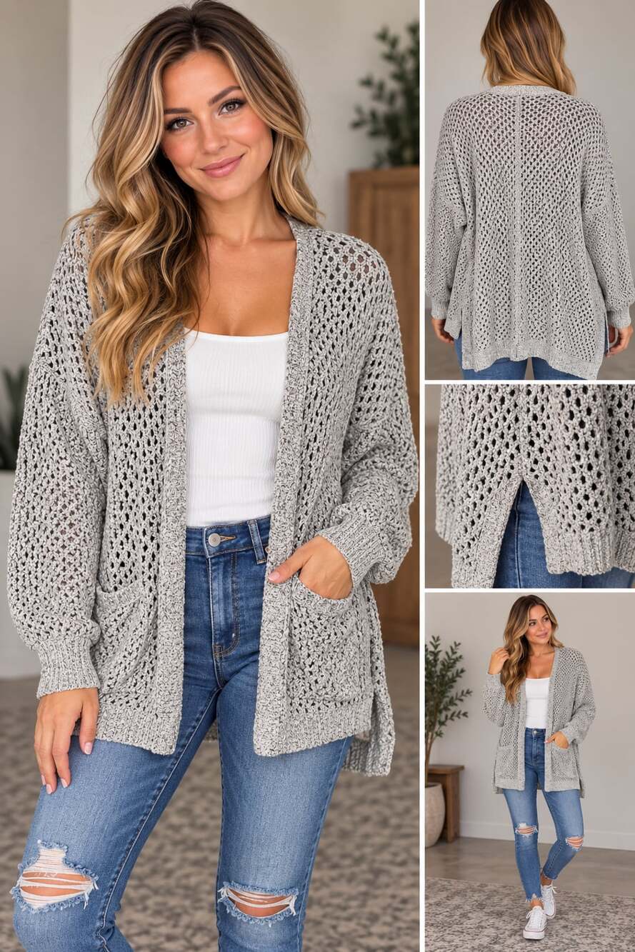 maurices Pointelle Open Front Duster Cardigan Size 2 Gray Cotton Blend